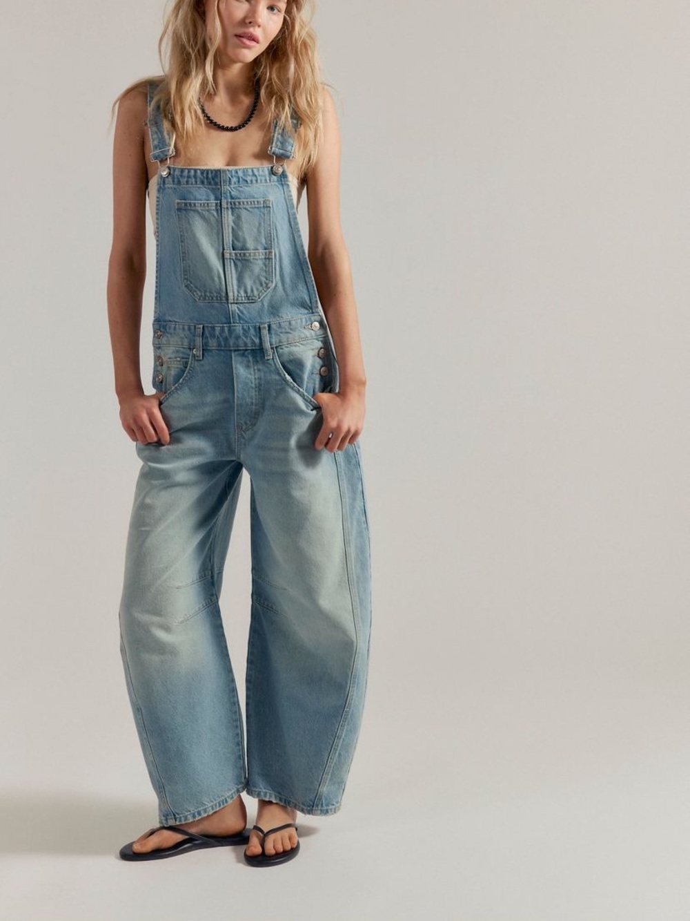 Free People Light Blue Denim Wide-Leg Overalls